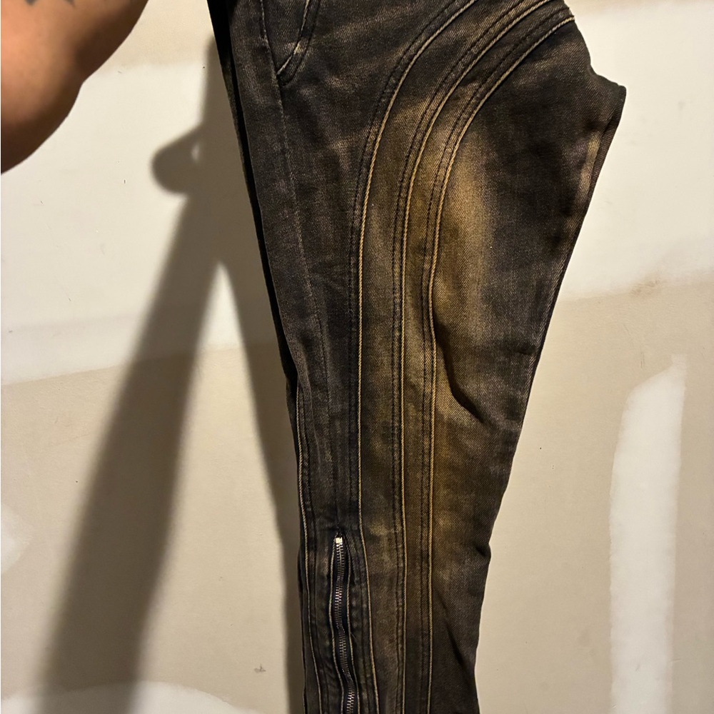 Original Guapi Black & Brown Stacked Jeans With Zipper Detail.